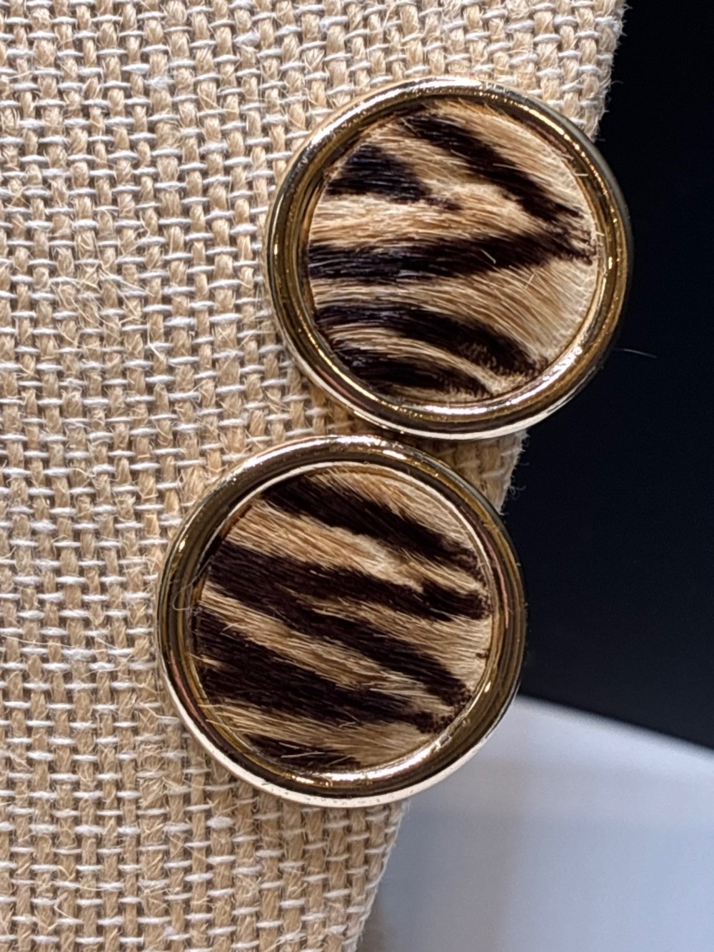 Vintage Bergere round gold-tone button clip-on earrings with tiger print centers